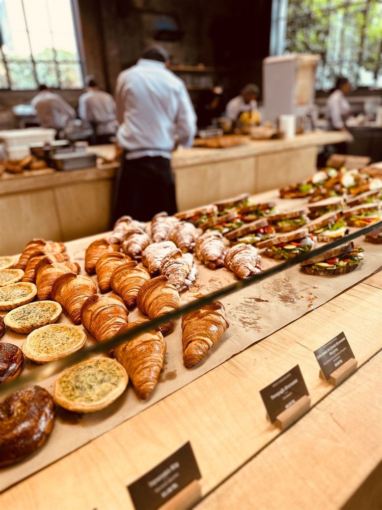 Bakery counter with fresh bread and pastries