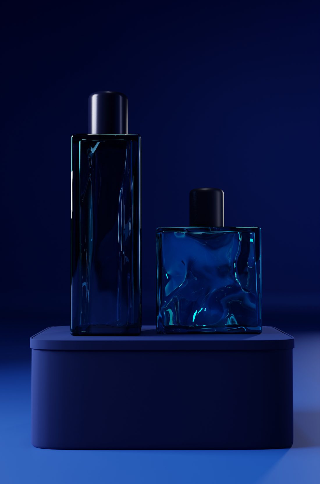 Two glass perfume bottles with dark caps on a blue pedestal, lit in deep blue